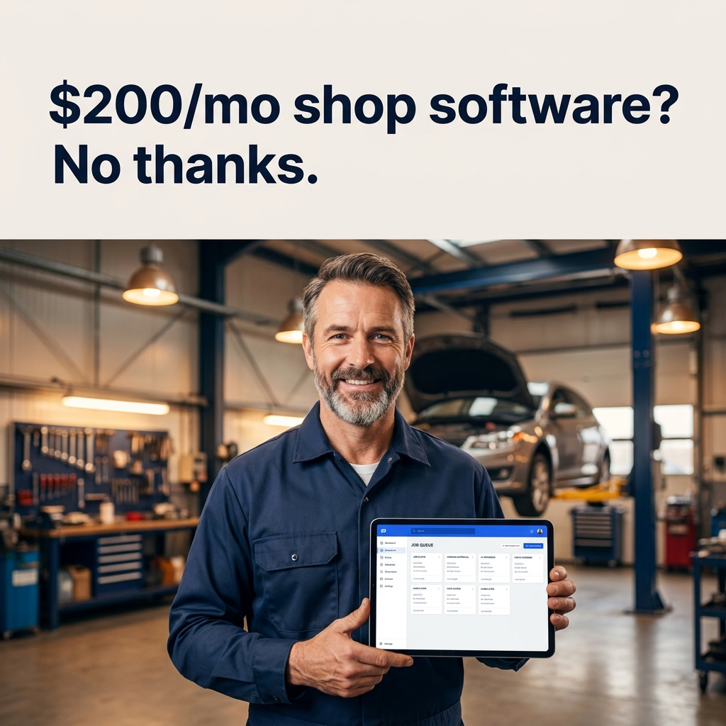 AI-generated CROW ad: a mechanic in a clean shop holding a tablet, headline '$200/mo shop software? No thanks.'