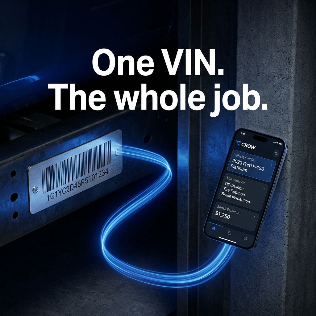 AI-generated CROW ad: a VIN plate with a blue light-trail flowing into a phone showing a vehicle profile and repair estimate, headline 'One VIN. The whole job.'